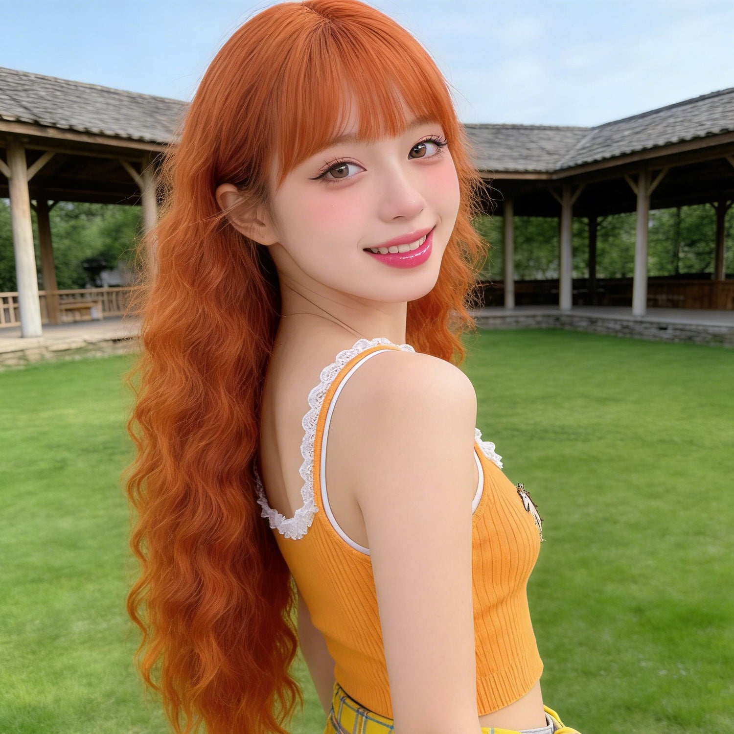 Orange Wool Curl Wavy Wig - Urban Fashion (Long Bangs) (FEVERCOS)