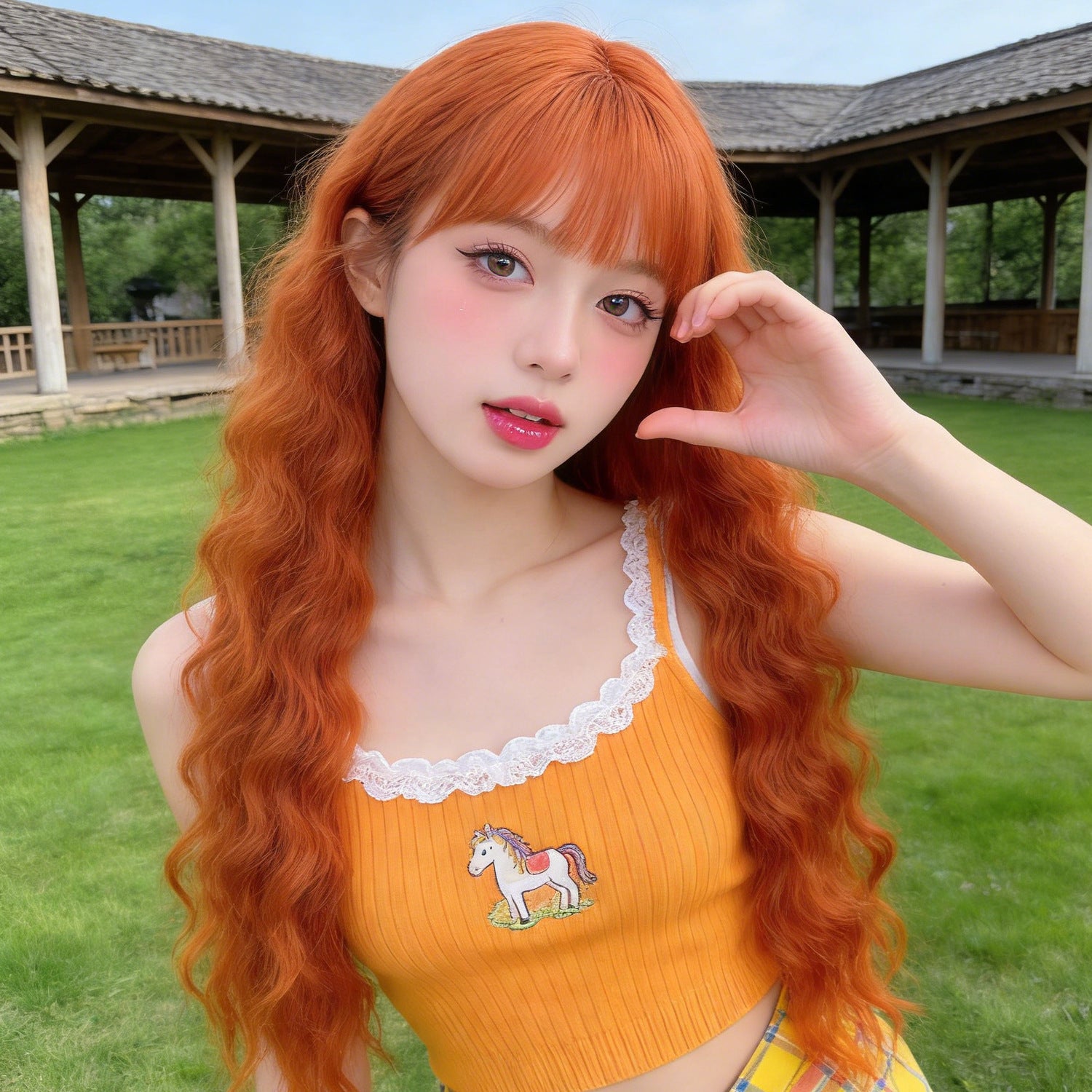 Orange Wool Curl Wavy Wig - Urban Fashion (Long Bangs) (FEVERCOS)
