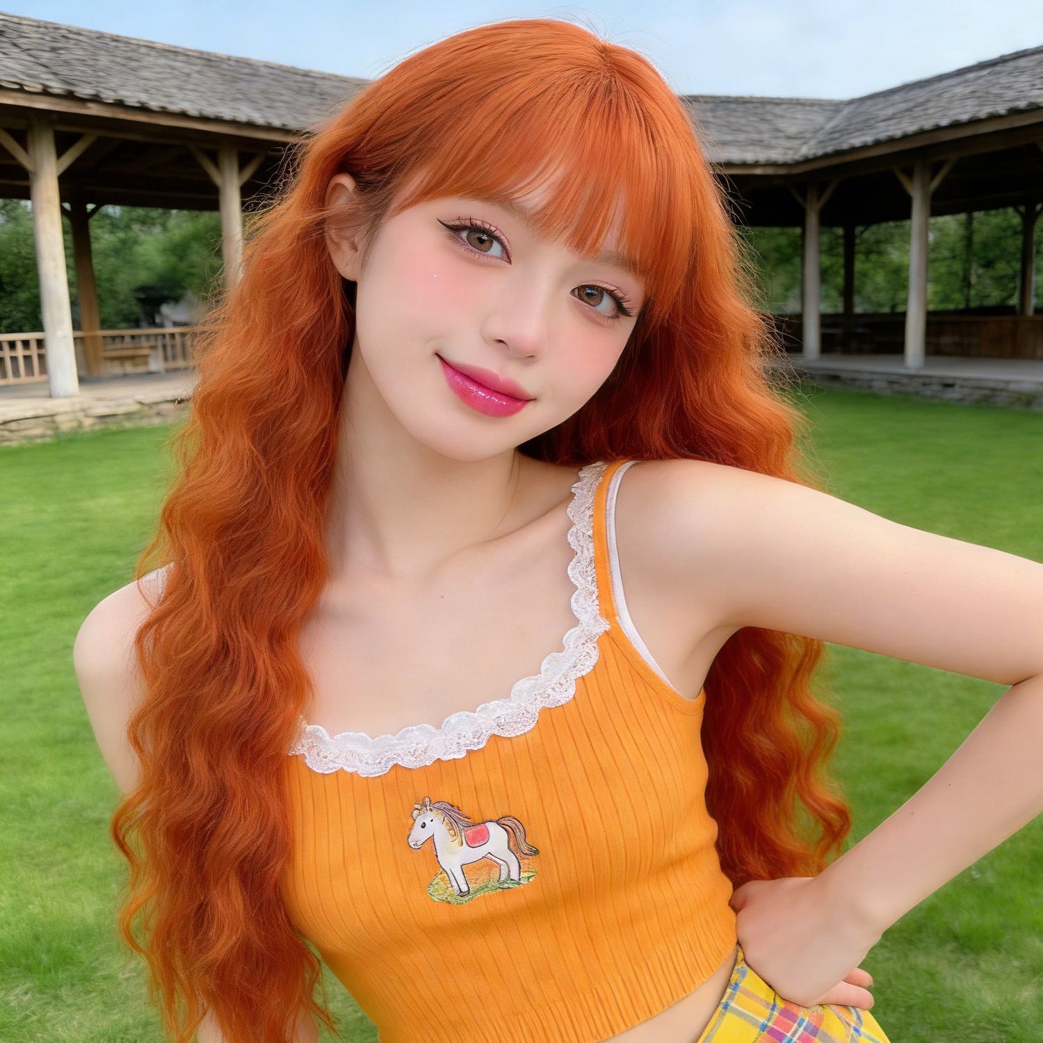 Orange Wool Curl Wavy Wig - Urban Fashion (Long Bangs) (FEVERCOS)