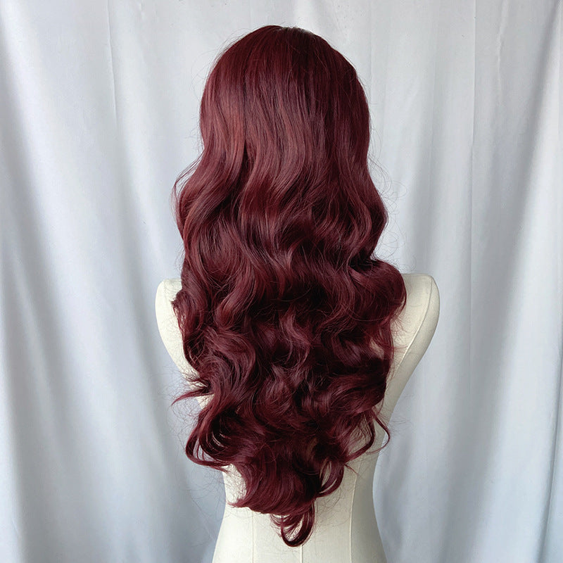 Gray Wine Red Deep Wave Wig - Everyday Fashion (Long Middle Part) (FEVERCOS)