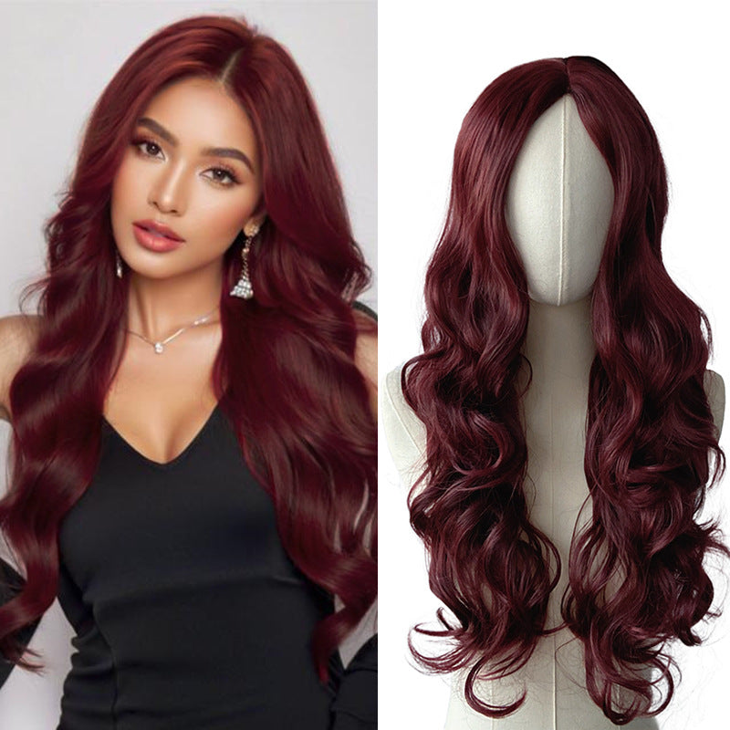 White Smoke Wine Red Deep Wave Wig - Everyday Fashion (Long Middle Part) (FEVERCOS)