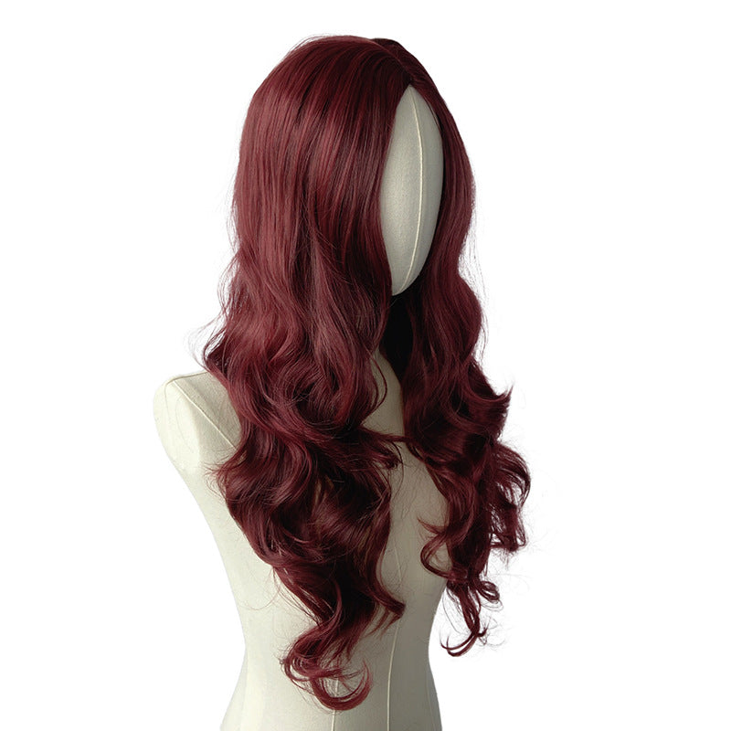 White Smoke Wine Red Deep Wave Wig - Everyday Fashion (Long Middle Part) (FEVERCOS)