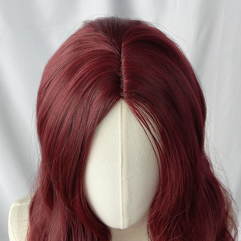 Gray Wine Red Deep Wave Wig - Everyday Fashion (Long Middle Part) (FEVERCOS)