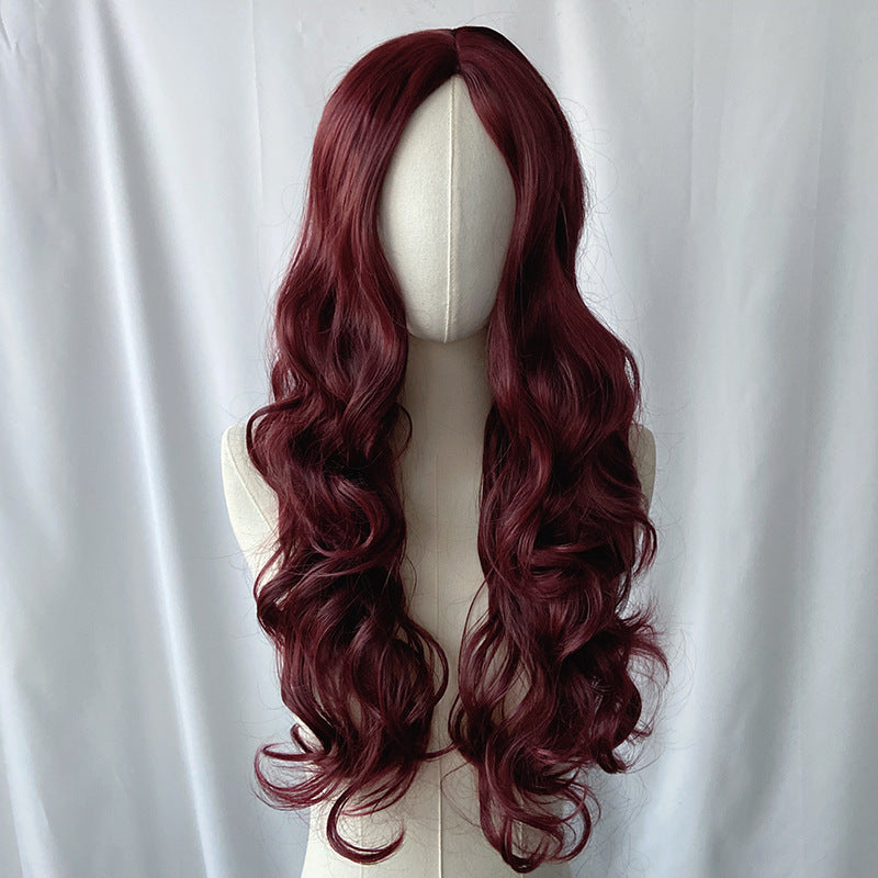 Gray Wine Red Deep Wave Wig - Everyday Fashion (Long Middle Part) (FEVERCOS)