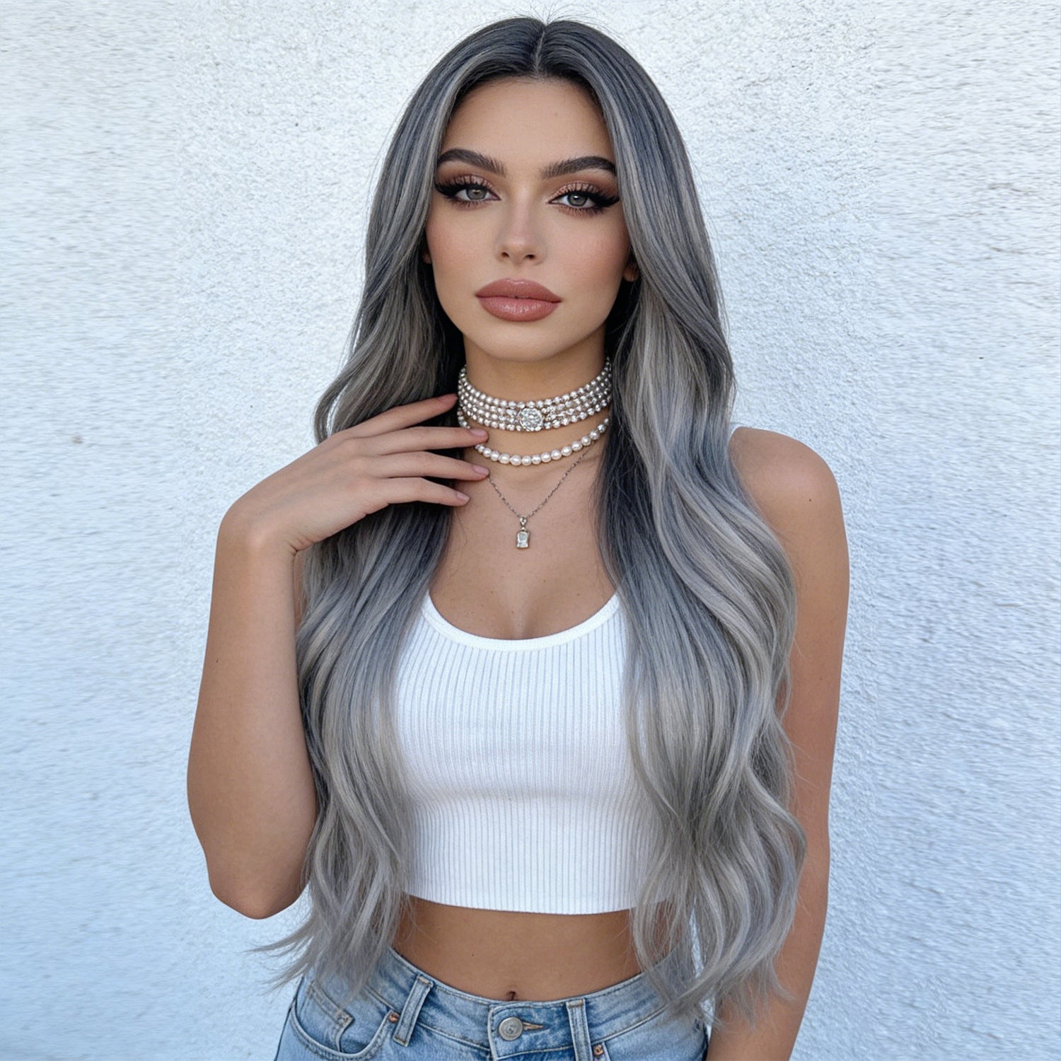 Lavender Black Grey Ombre Deep Wave Wig - Urban Subculture (Long Middle Part) (FEVERCOS)