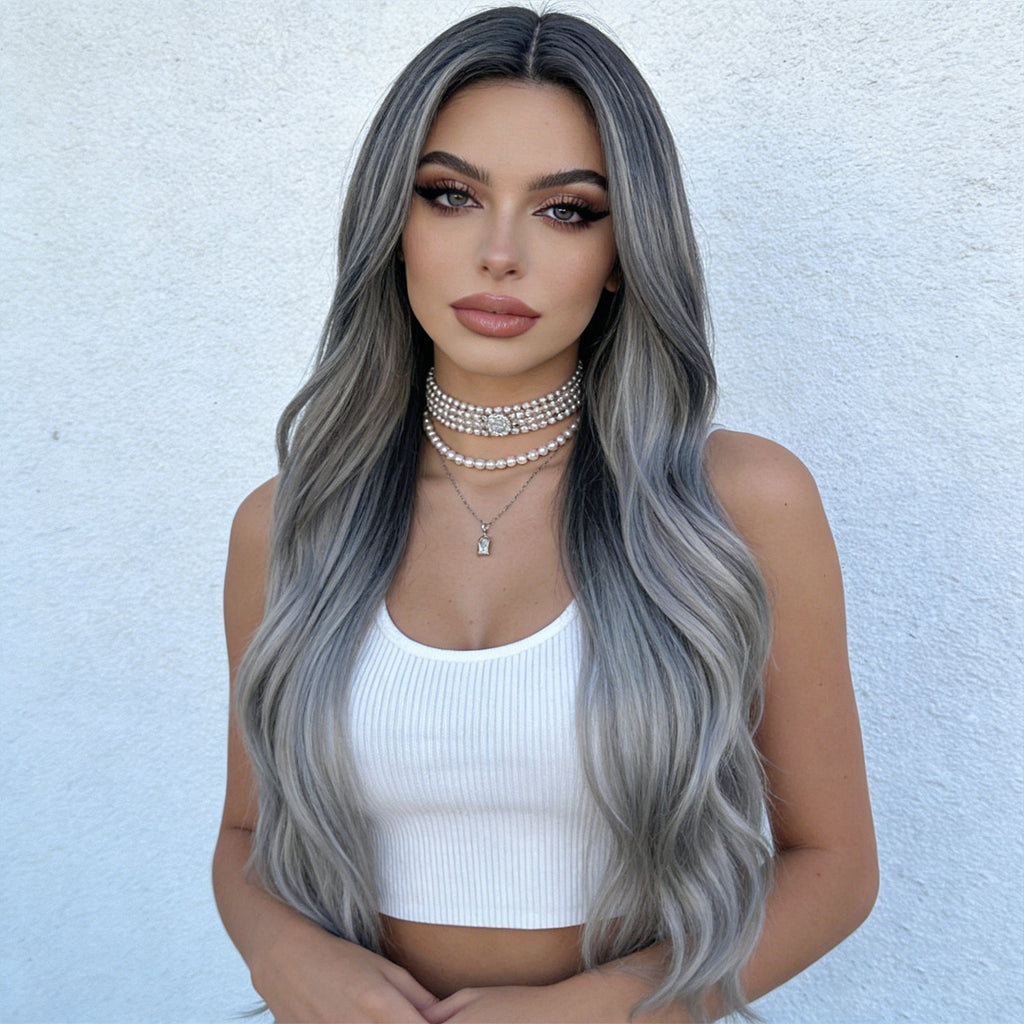 Light Gray Black Grey Ombre Deep Wave Wig - Urban Subculture (Long Middle Part) (FEVERCOS)