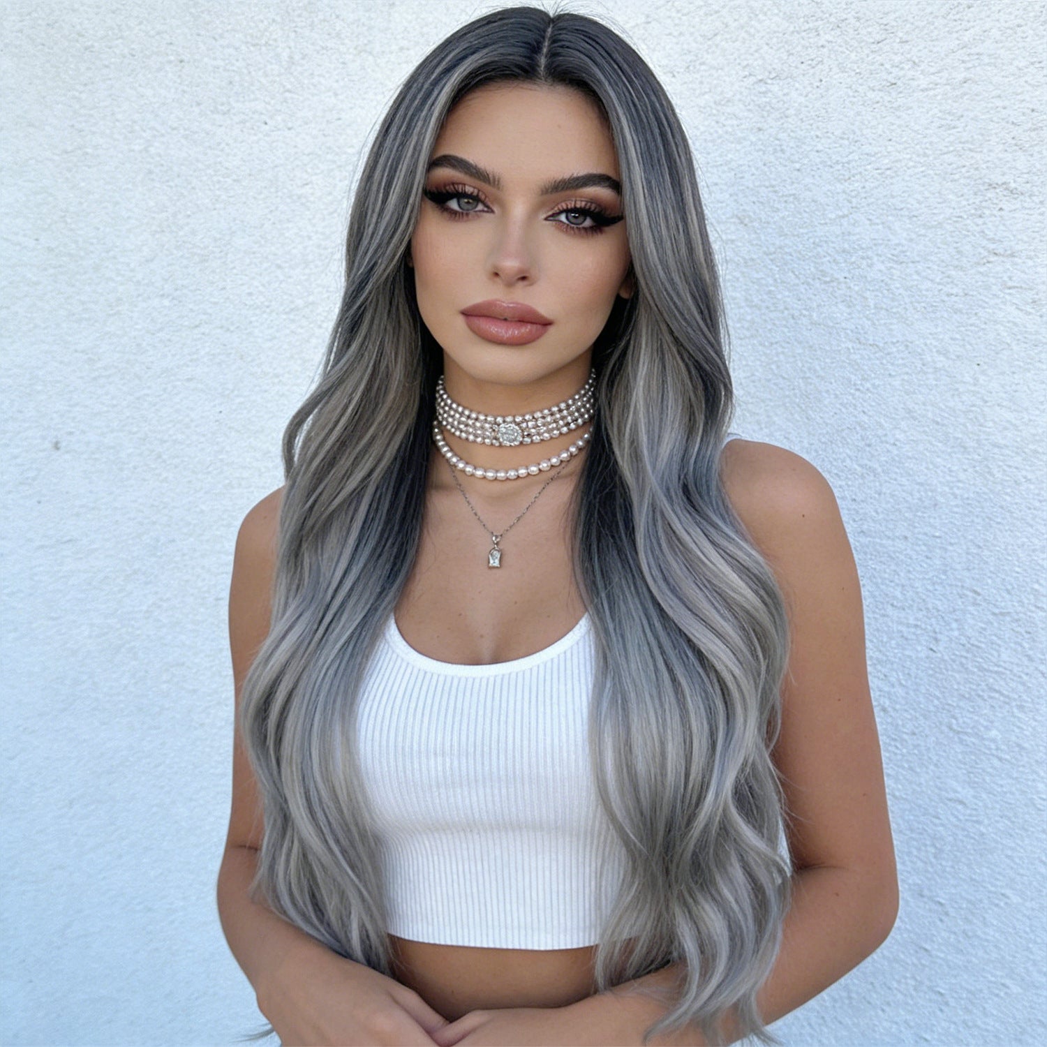 Light Gray Black Grey Ombre Deep Wave Wig - Urban Subculture (Long Middle Part) (FEVERCOS)