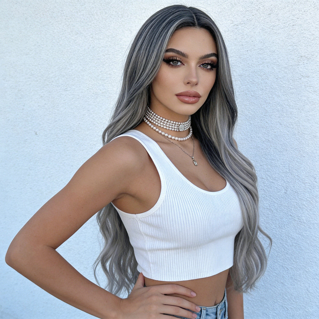 Light Gray Black Grey Ombre Deep Wave Wig - Urban Subculture (Long Middle Part) (FEVERCOS)