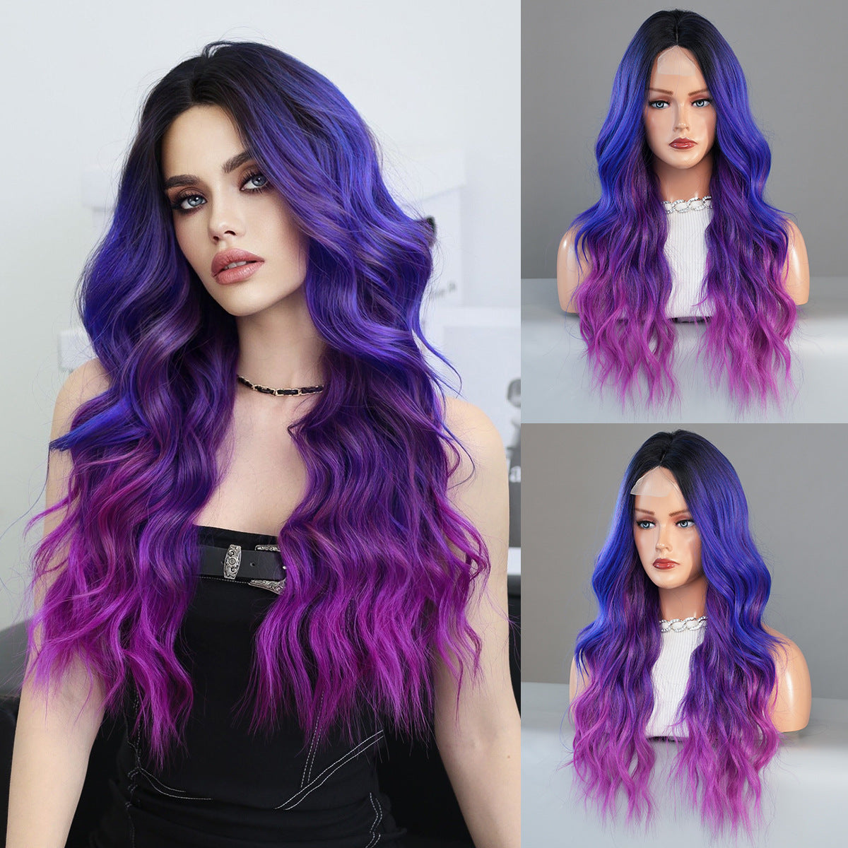 Lavender Purple Blue Ombre Lace Wavy Wig - Elite Lace Fronts (T-Part Middle Part) (FEVERCOS)
