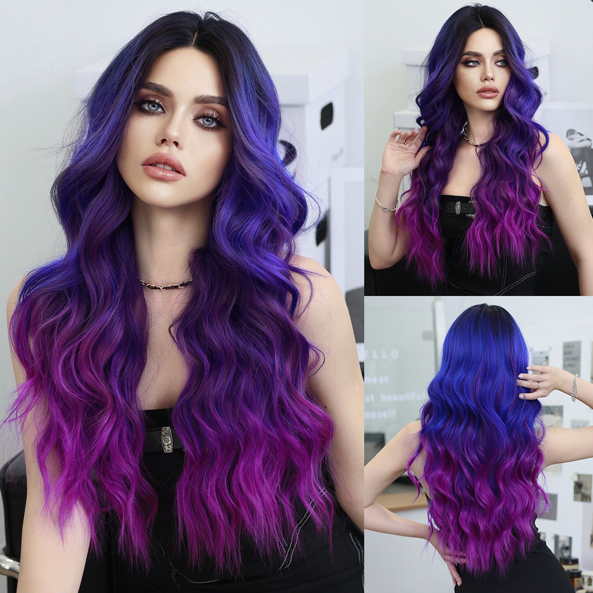 Light Gray Purple Blue Ombre Lace Wavy Wig - Elite Lace Fronts (T-Part Middle Part) (FEVERCOS)