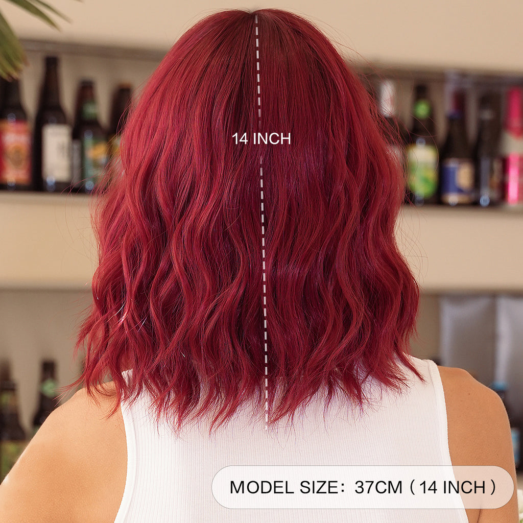 Dark Red 12-Inch Wine Red Water Wave Bob - Everyday Fashion (Short Bangs) (FEVERCOS)