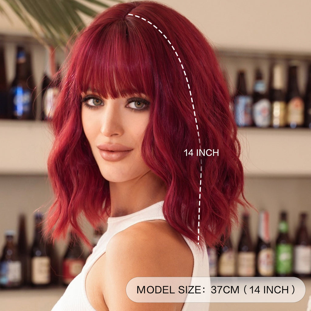 Tan 12-Inch Wine Red Water Wave Bob - Everyday Fashion (Short Bangs) (FEVERCOS)