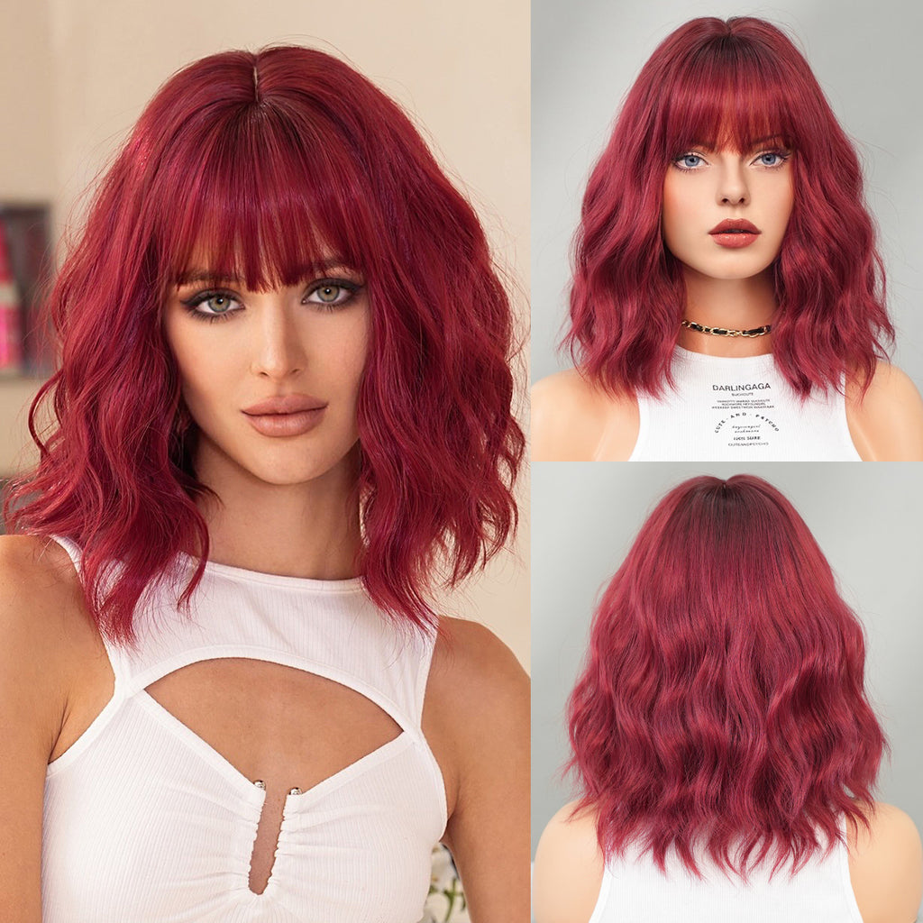 Dark Red 12-Inch Wine Red Water Wave Bob - Everyday Fashion (Short Bangs) (FEVERCOS)