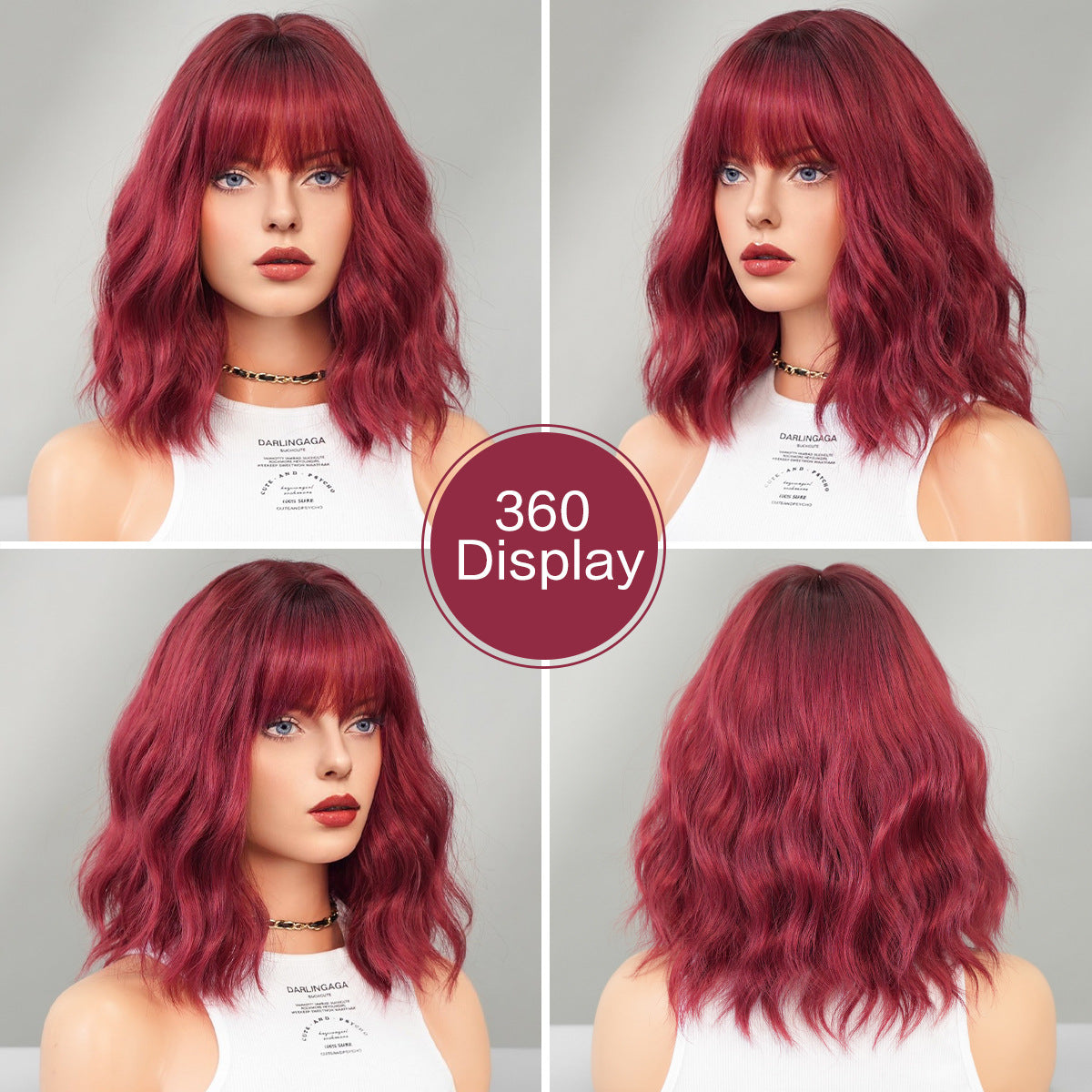Gray 12-Inch Wine Red Water Wave Bob - Everyday Fashion (Short Bangs) (FEVERCOS)