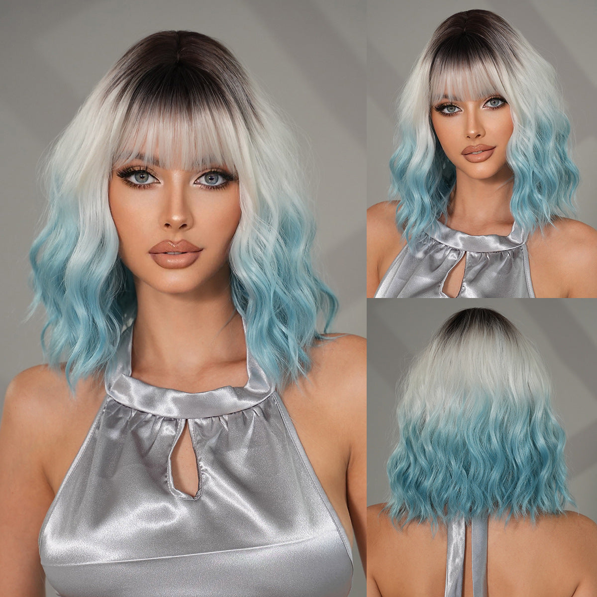 Light Slate Gray 12-Inch Gradient Blue Bob - Urban Subculture (Water Wave Bangs) (FEVERCOS)