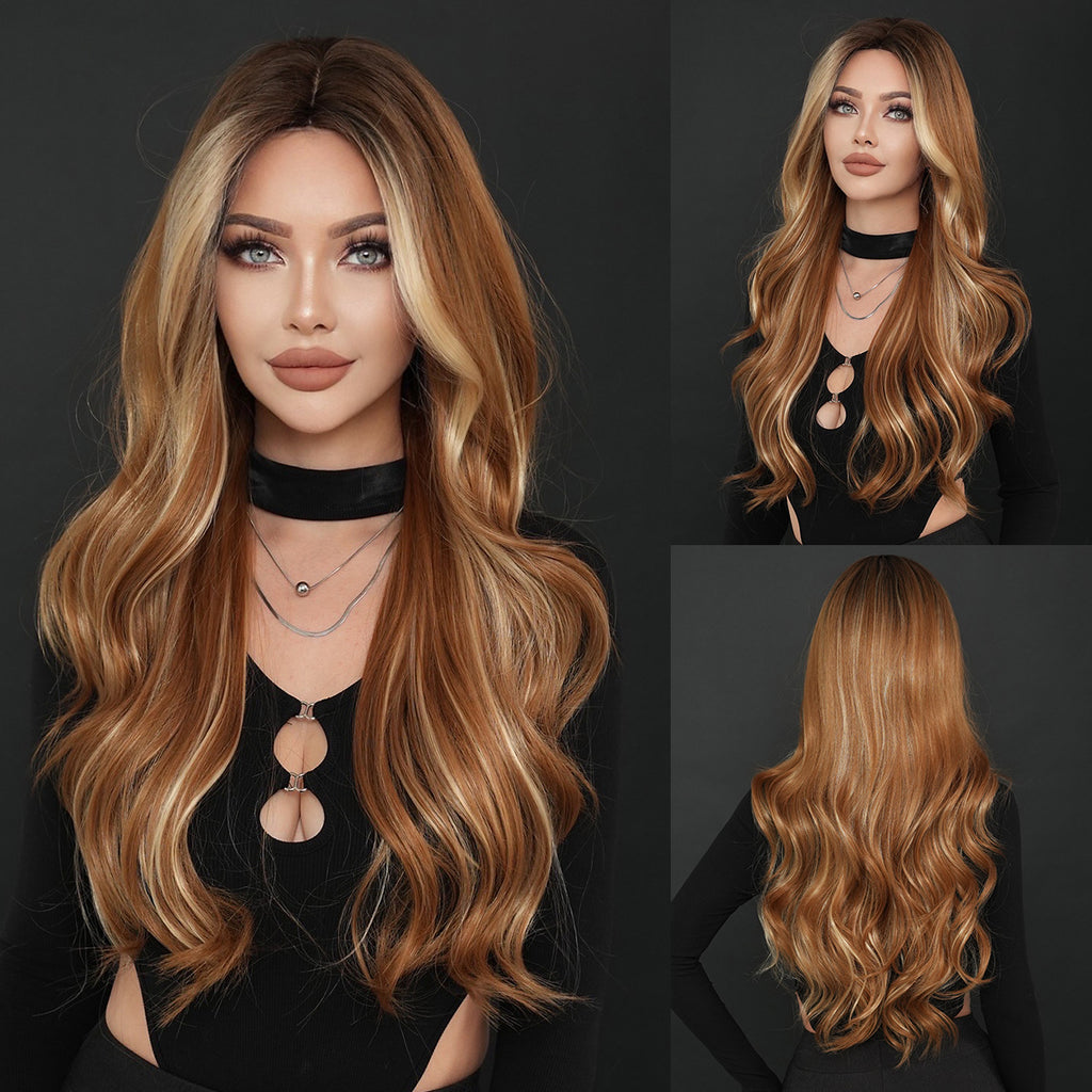 Dark Slate Gray Amber Brown Highlight Wig - Everyday Fashion (Long Wavy Middle Part) (FEVERCOS)