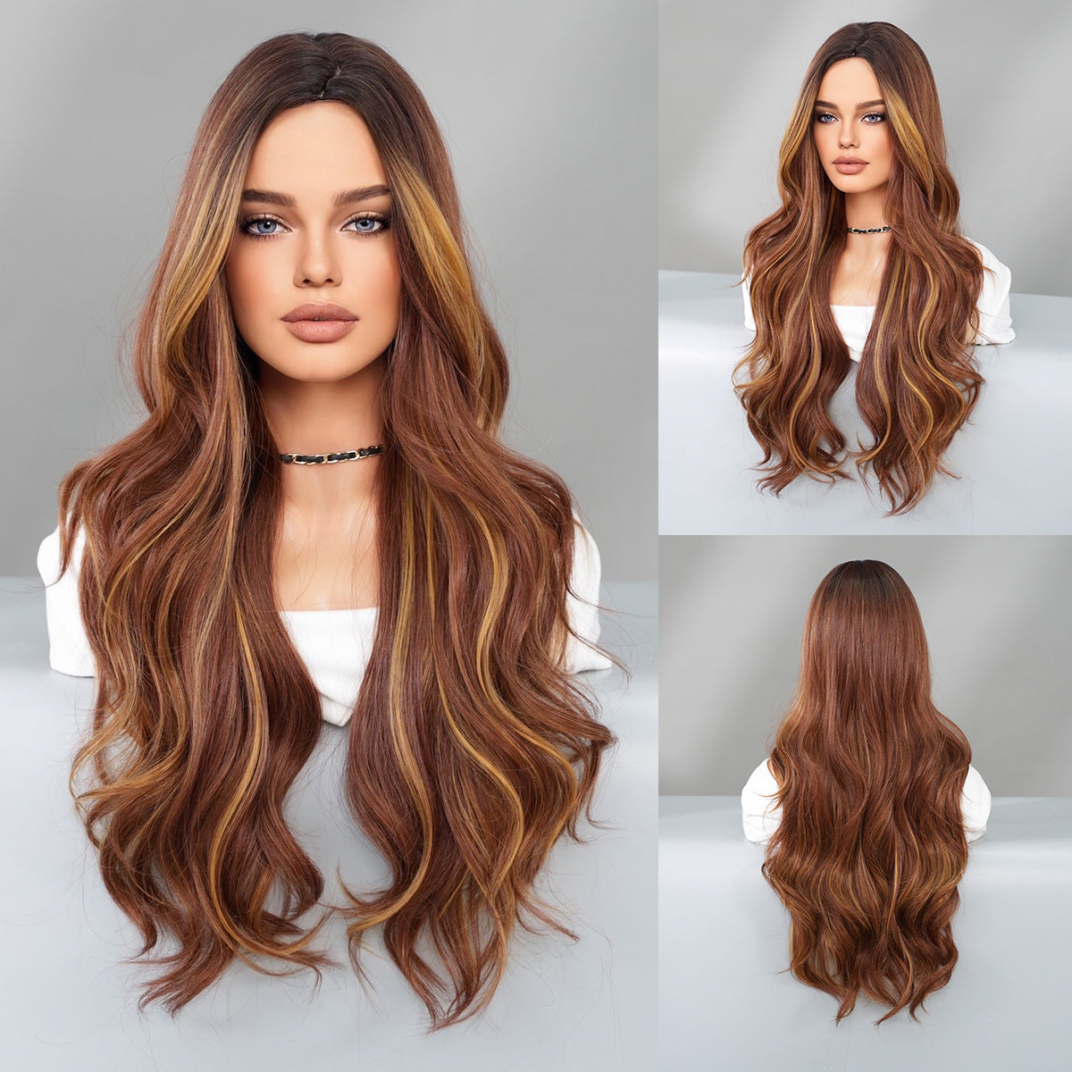 Gray Amber Brown Highlight Wig - Everyday Fashion (Long Wavy Middle Part) (FEVERCOS)