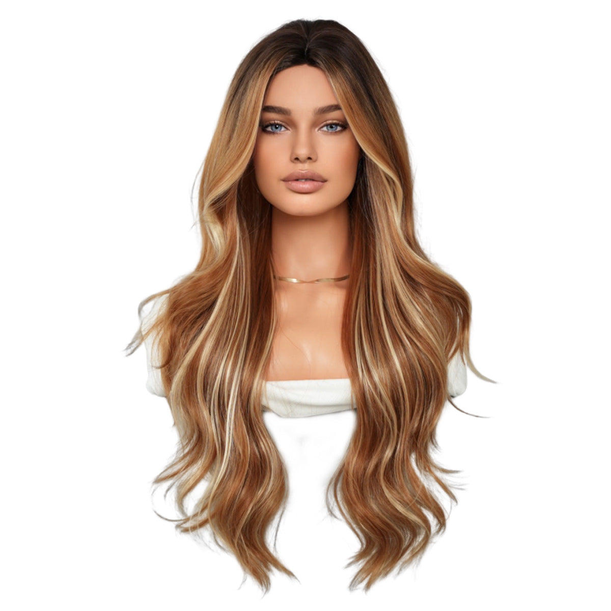 White Smoke Amber Brown Highlight Wig - Everyday Fashion (Long Wavy Middle Part) (FEVERCOS)