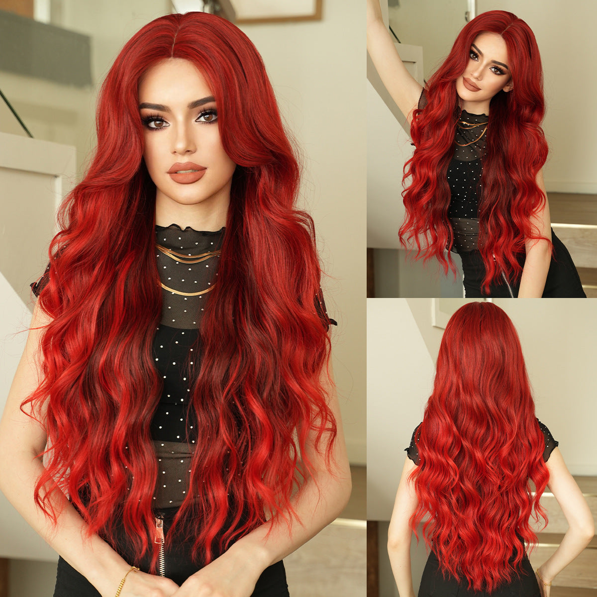 Tan Rose Red Gradient Lace Wig - Elite Lace Fronts (Long Wavy) (FEVERCOS)