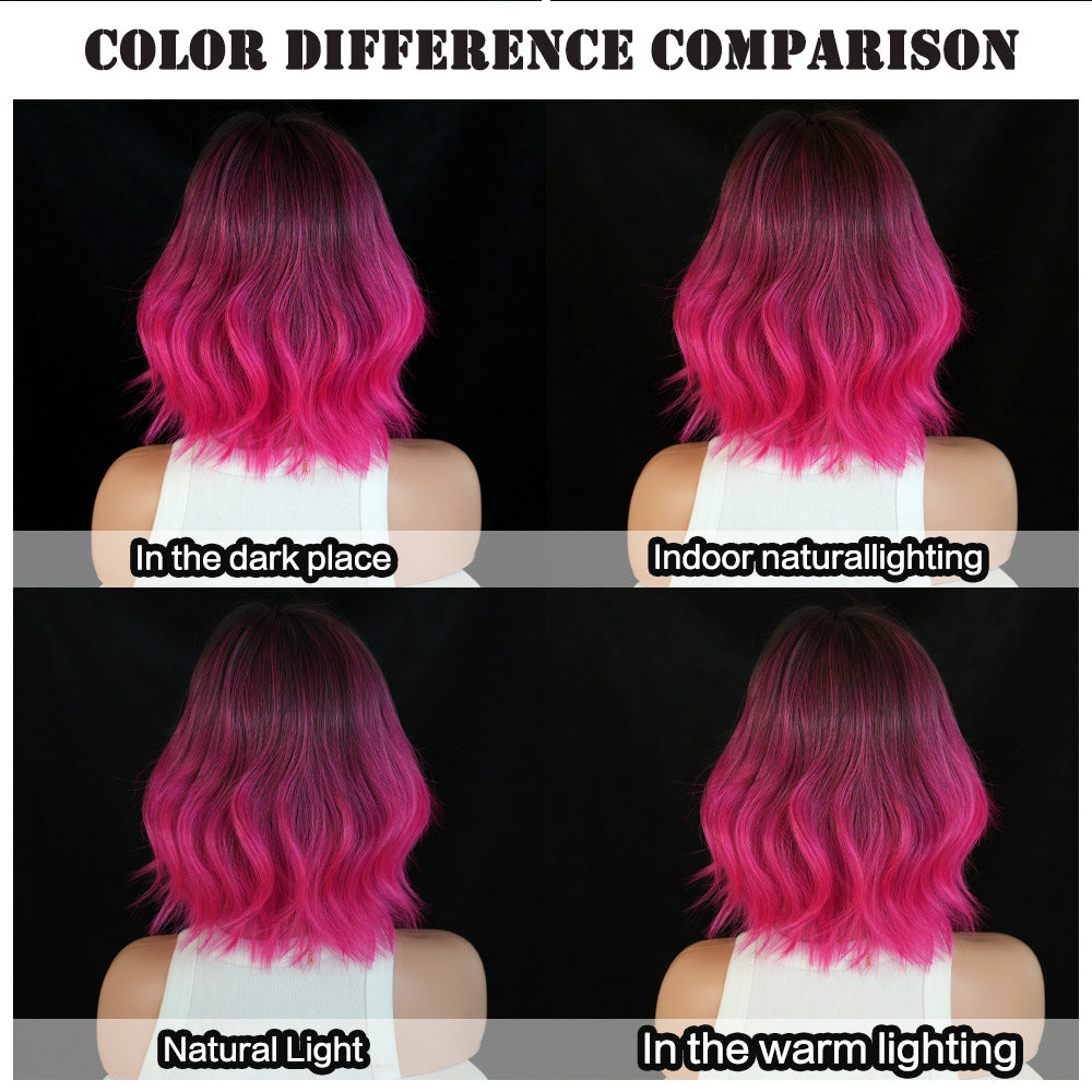 Black 12-Inch Rose Red Gradient Bob - Urban Fashion (Middle Part Curly) (FEVERCOS)