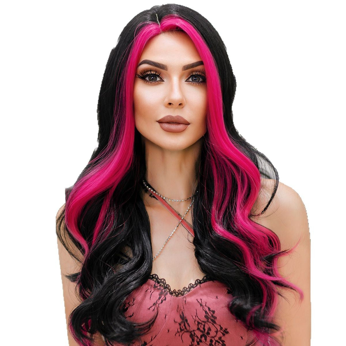 White Smoke Rose Red Highlight Lace Wig - Elite Lace Fronts (Long Wavy Middle Part) (FEVERCOS)