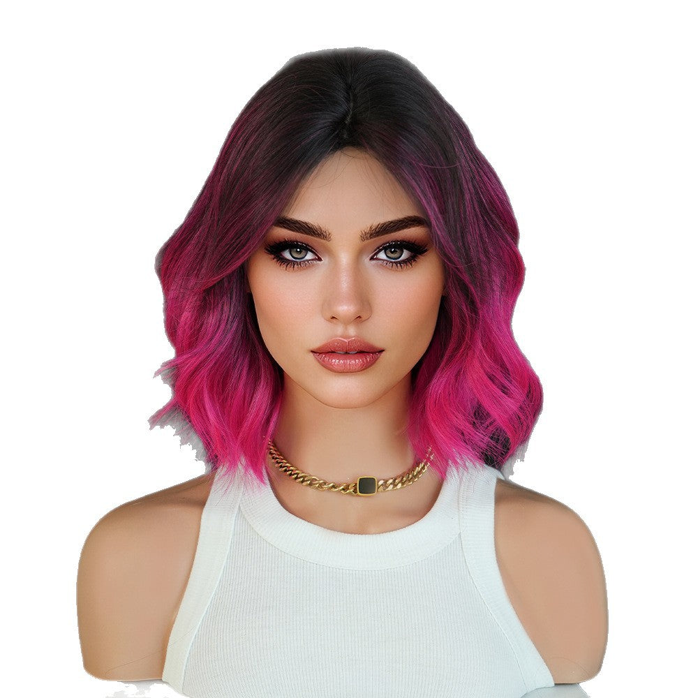 White Smoke 12-Inch Rose Red Gradient Bob - Urban Fashion (Middle Part Curly) (FEVERCOS)