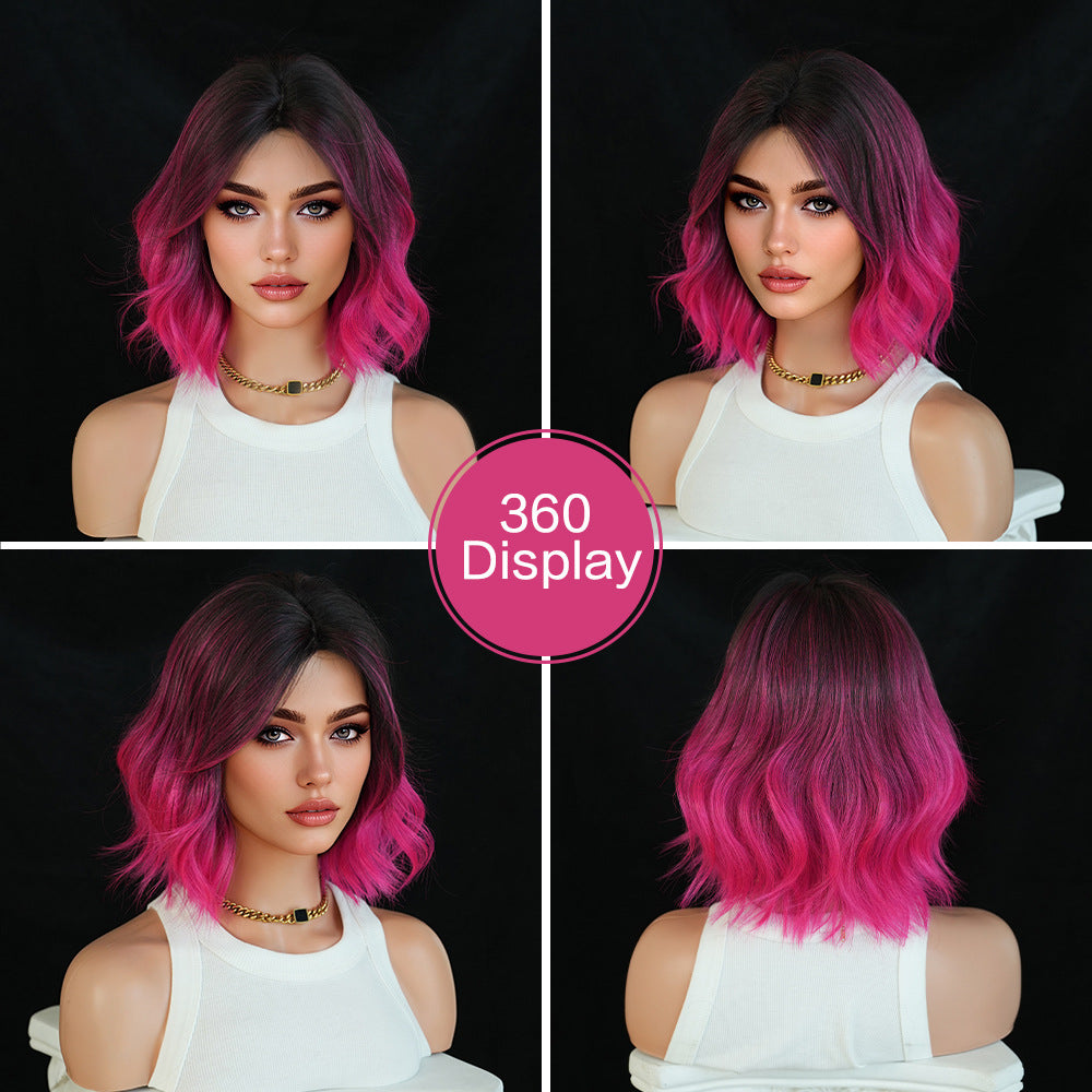 Black 12-Inch Rose Red Gradient Bob - Urban Fashion (Middle Part Curly) (FEVERCOS)