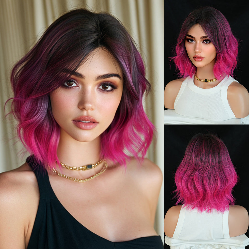 Black 12-Inch Rose Red Gradient Bob - Urban Fashion (Middle Part Curly) (FEVERCOS)