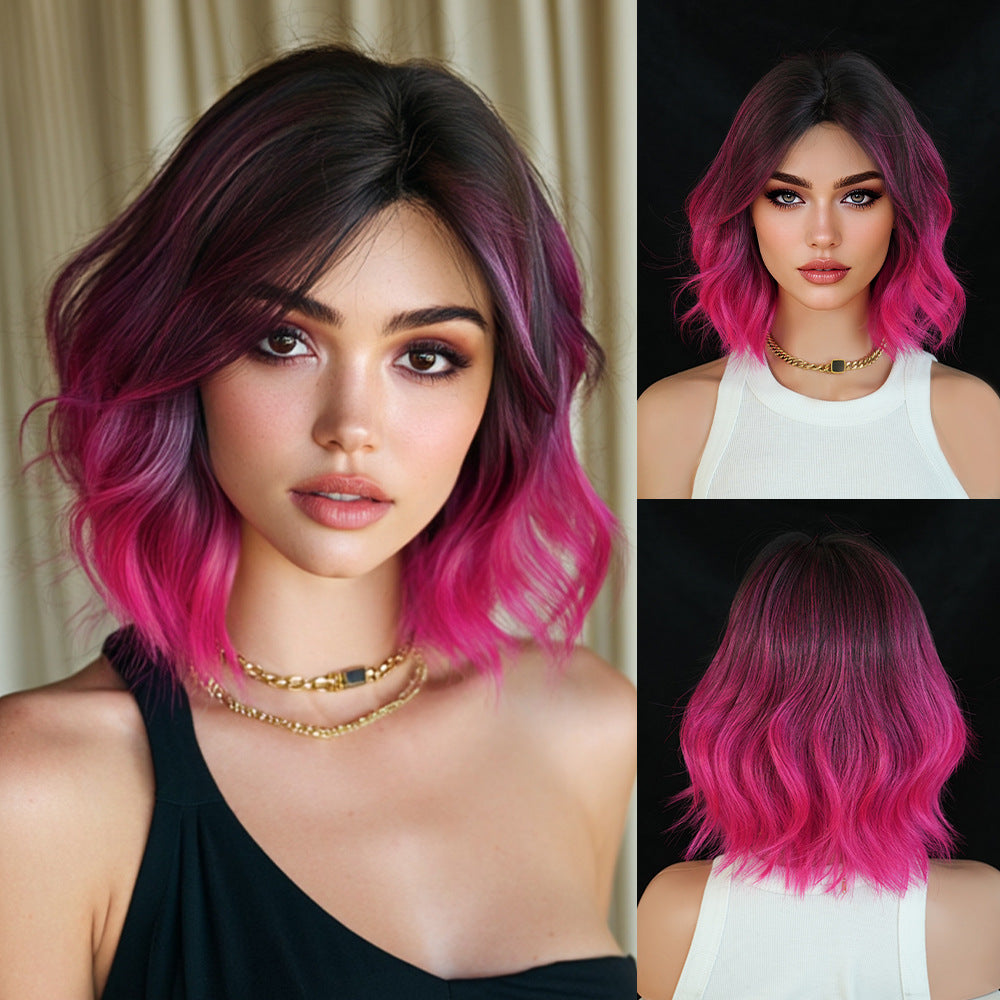 Black 12-Inch Rose Red Gradient Bob - Urban Fashion (Middle Part Curly) (FEVERCOS)
