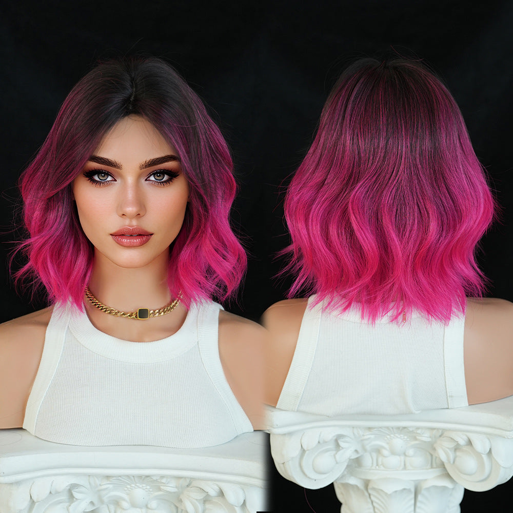 Lavender 12-Inch Rose Red Gradient Bob - Urban Fashion (Middle Part Curly) (FEVERCOS)