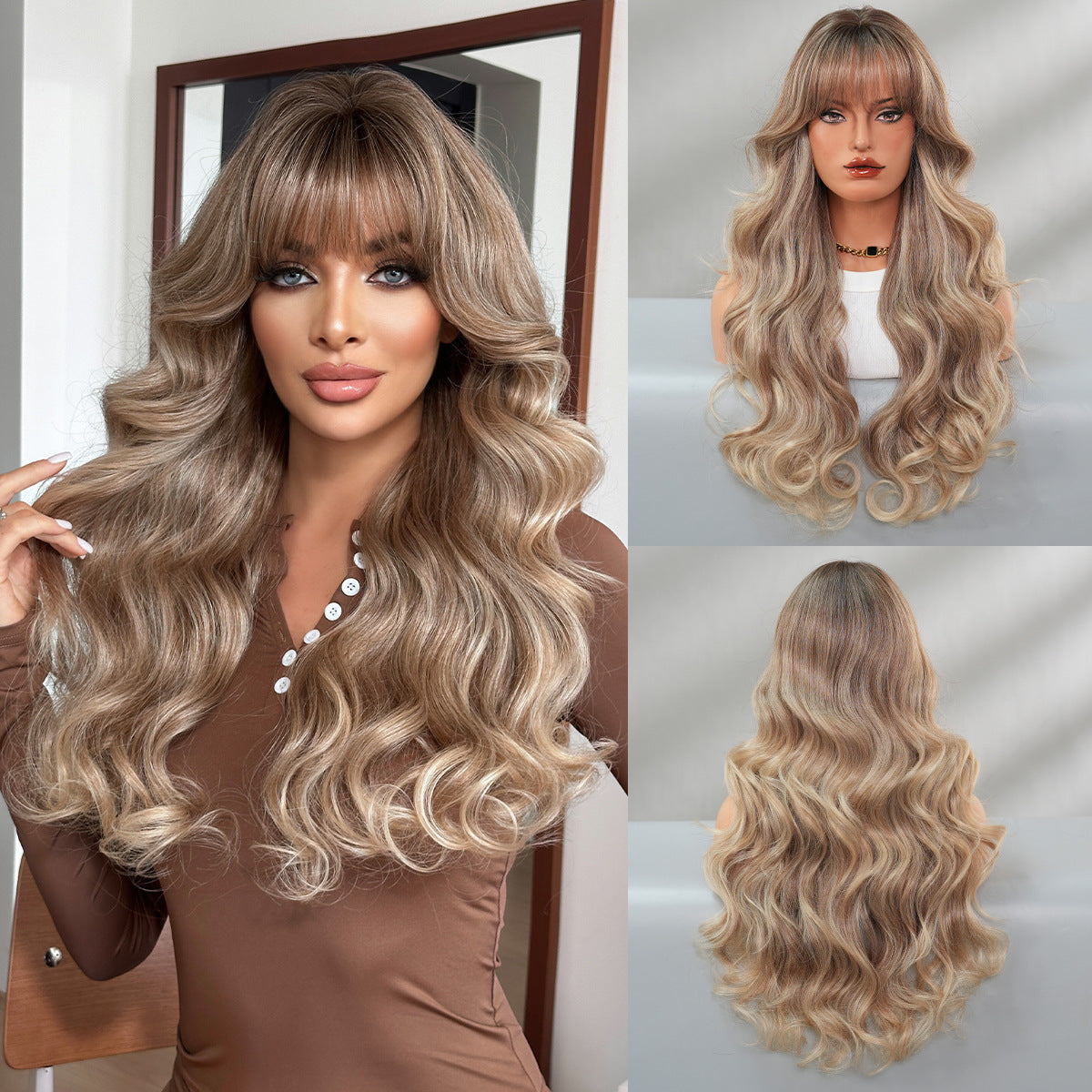 Dim Gray Brown Gold Highlight Wig - Everyday Fashion (Long Straight Scalp) (FEVERCOS)
