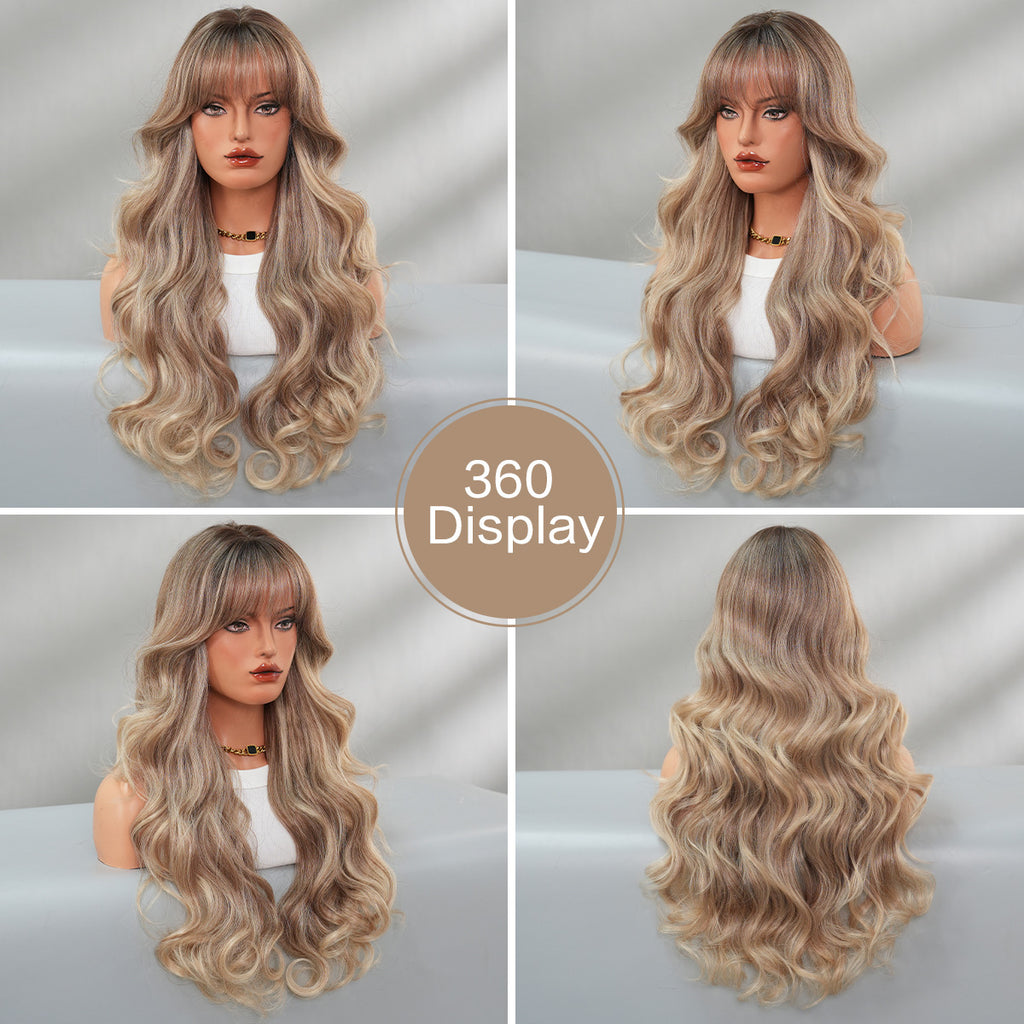 Gray Brown Gold Highlight Wig - Everyday Fashion (Long Straight Scalp) (FEVERCOS)