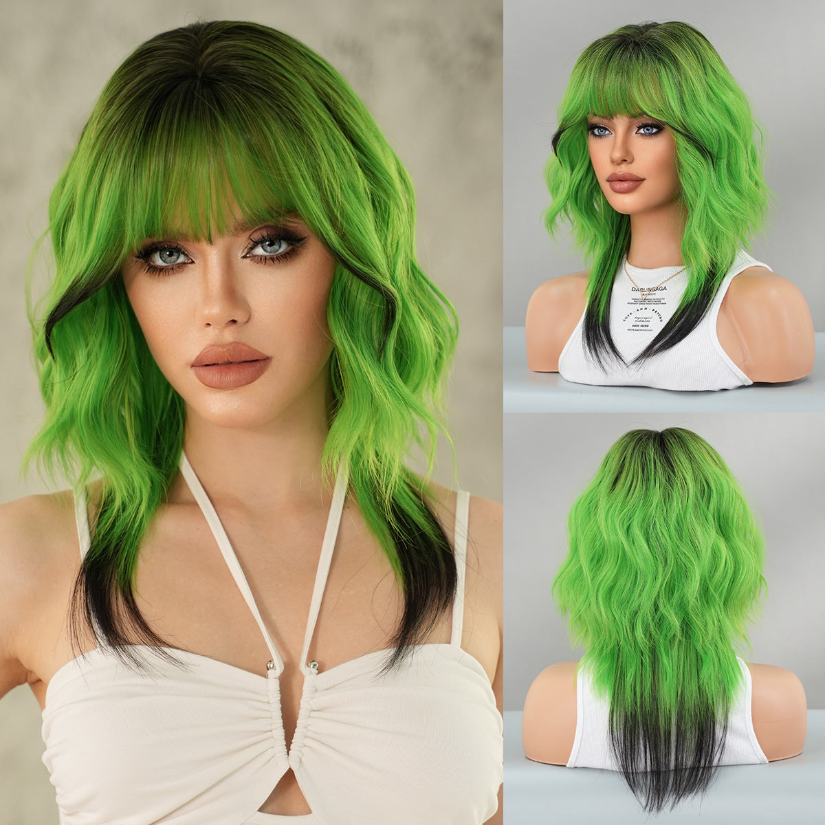 Dark Gray Neon Multicolor Wolf Cut Wig - Subculture Fashion (Red Orange Green) (FEVERCOS)