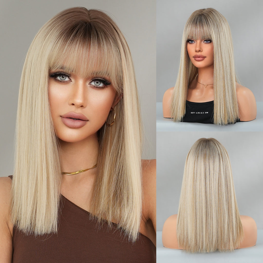 Gray Flaxen Blonde Shoulder-Length Wig - Everyday Fashion (Straight Bangs) (FEVERCOS)