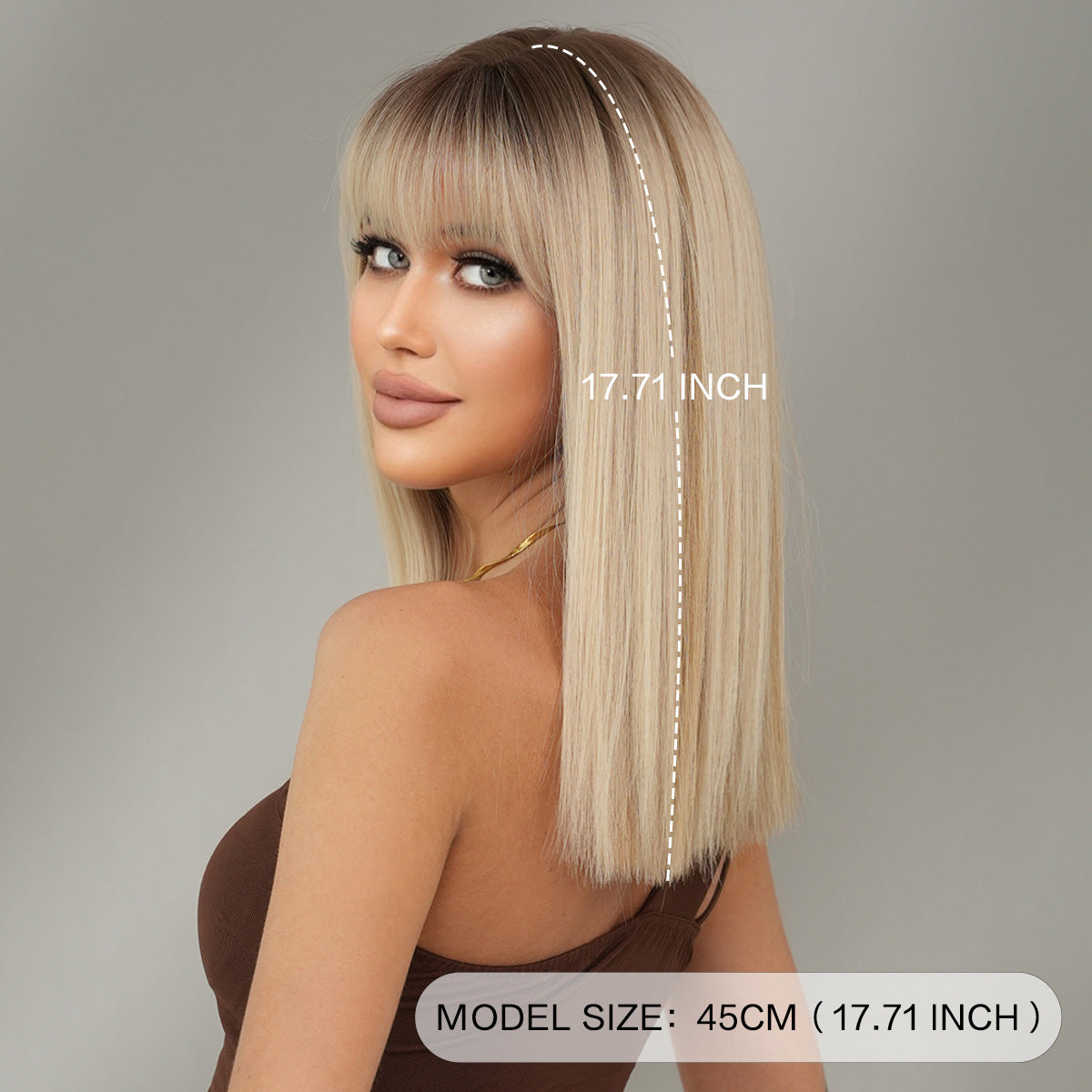 Dark Sea Green Flaxen Blonde Shoulder-Length Wig - Everyday Fashion (Straight Bangs) (FEVERCOS)