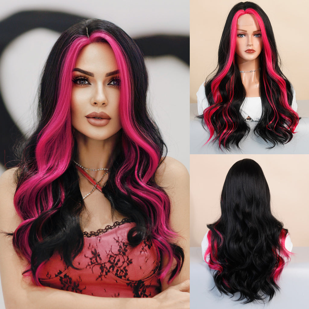 Light Gray Rose Red Highlight Lace Wig - Elite Lace Fronts (Long Wavy Middle Part) (FEVERCOS)