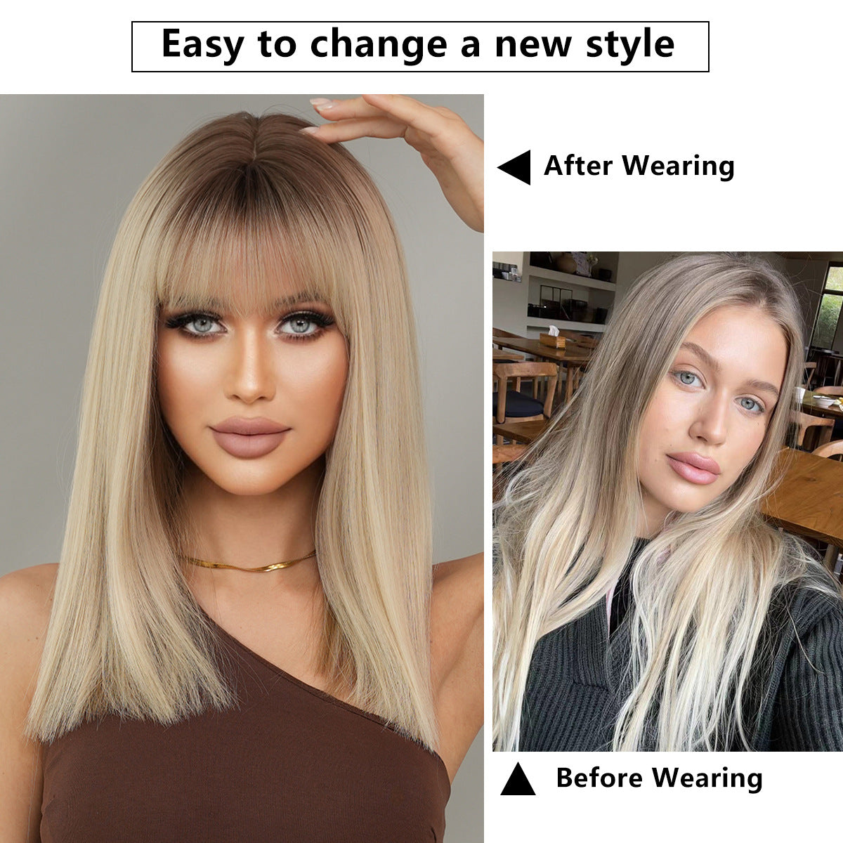 White Smoke Flaxen Blonde Shoulder-Length Wig - Everyday Fashion (Straight Bangs) (FEVERCOS)