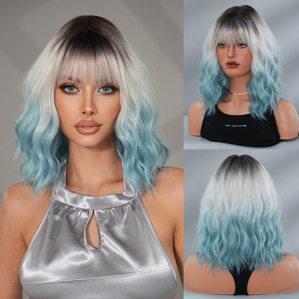 Light Slate Gray 12-Inch Gradient Blue Bob - Urban Subculture (Water Wave Bangs) (FEVERCOS)