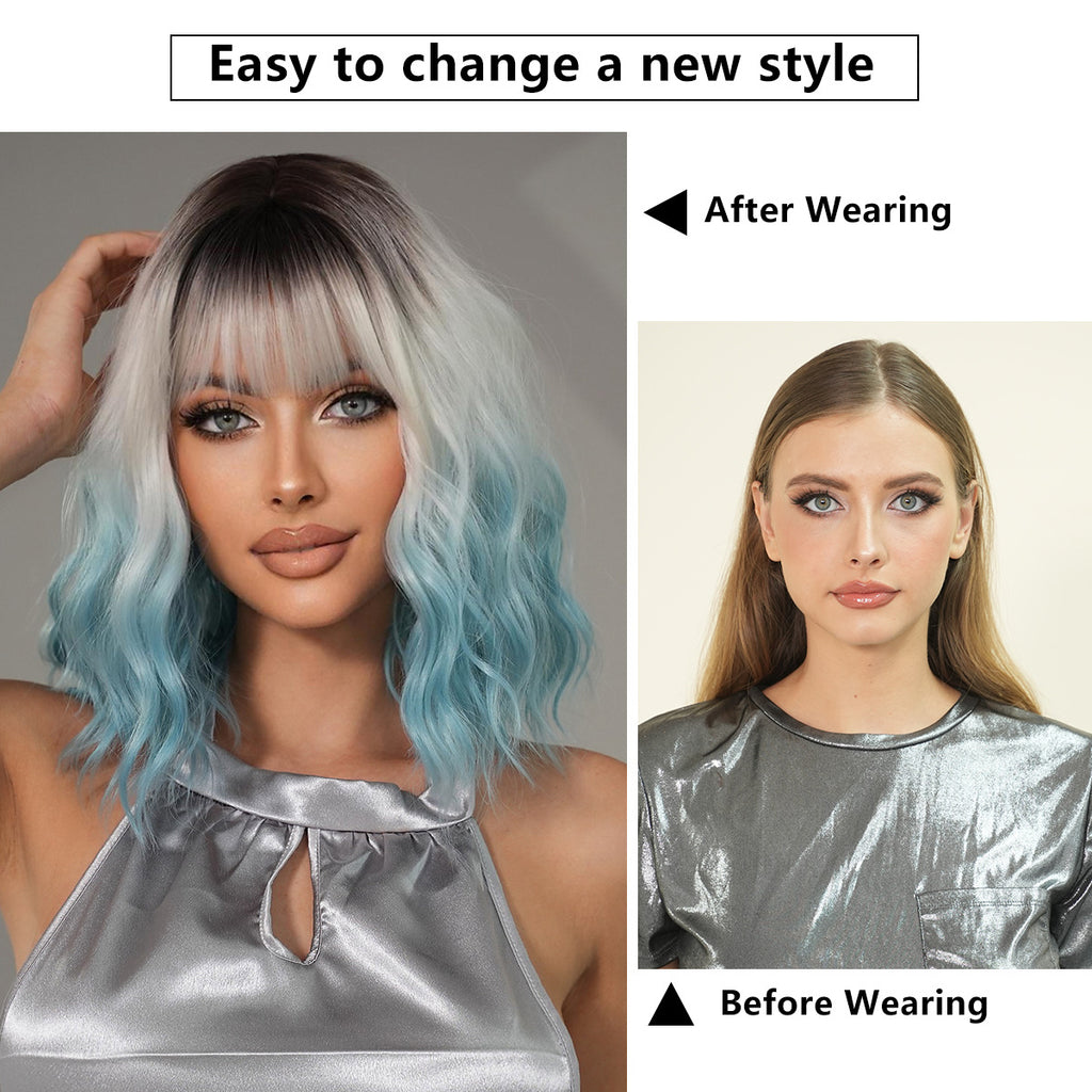 White Smoke 12-Inch Gradient Blue Bob - Urban Subculture (Water Wave Bangs) (FEVERCOS)