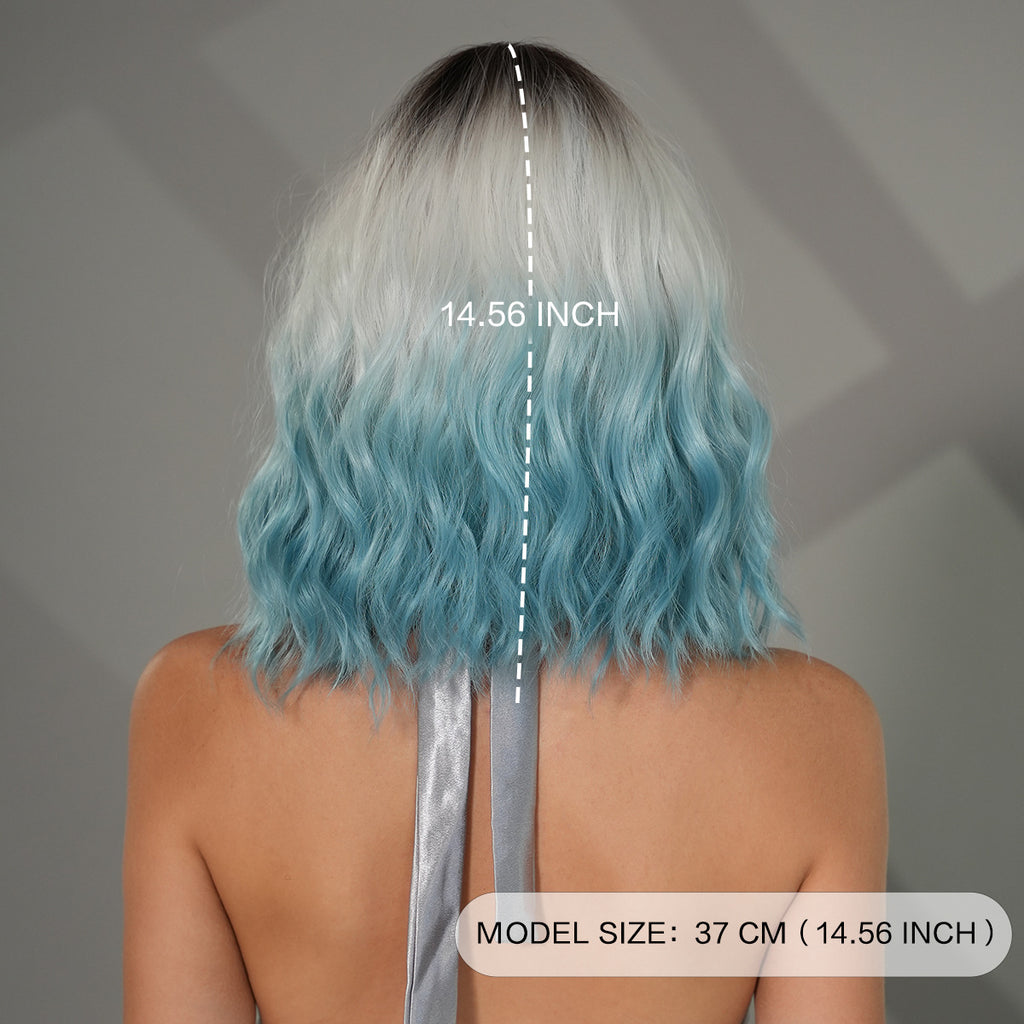 Dim Gray 12-Inch Gradient Blue Bob - Urban Subculture (Water Wave Bangs) (FEVERCOS)