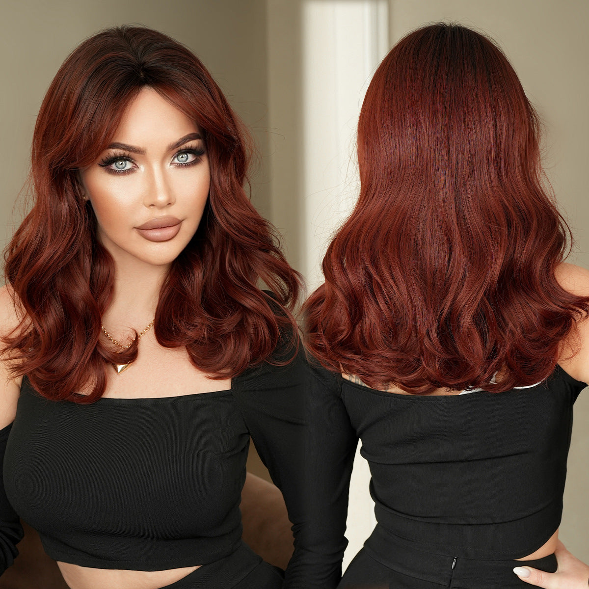 Black Raspberry Red Shoulder Wig - Urban Fashion (Wavy Curtain Bangs) (FEVERCOS)
