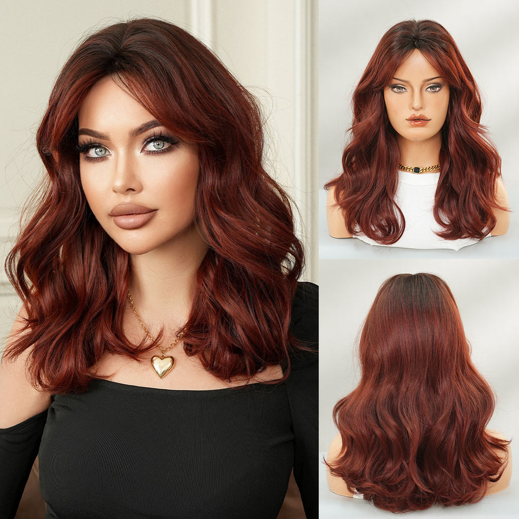 Light Gray Warm Brown Ombre Wig - Everyday Fashion (Long Wavy Curtain Bangs) (FEVERCOS)