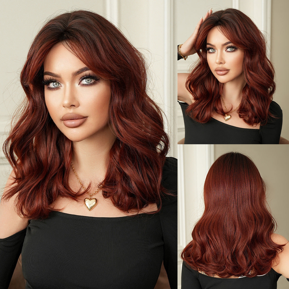Dark Slate Gray Warm Brown Ombre Wig - Everyday Fashion (Long Wavy Curtain Bangs) (FEVERCOS)