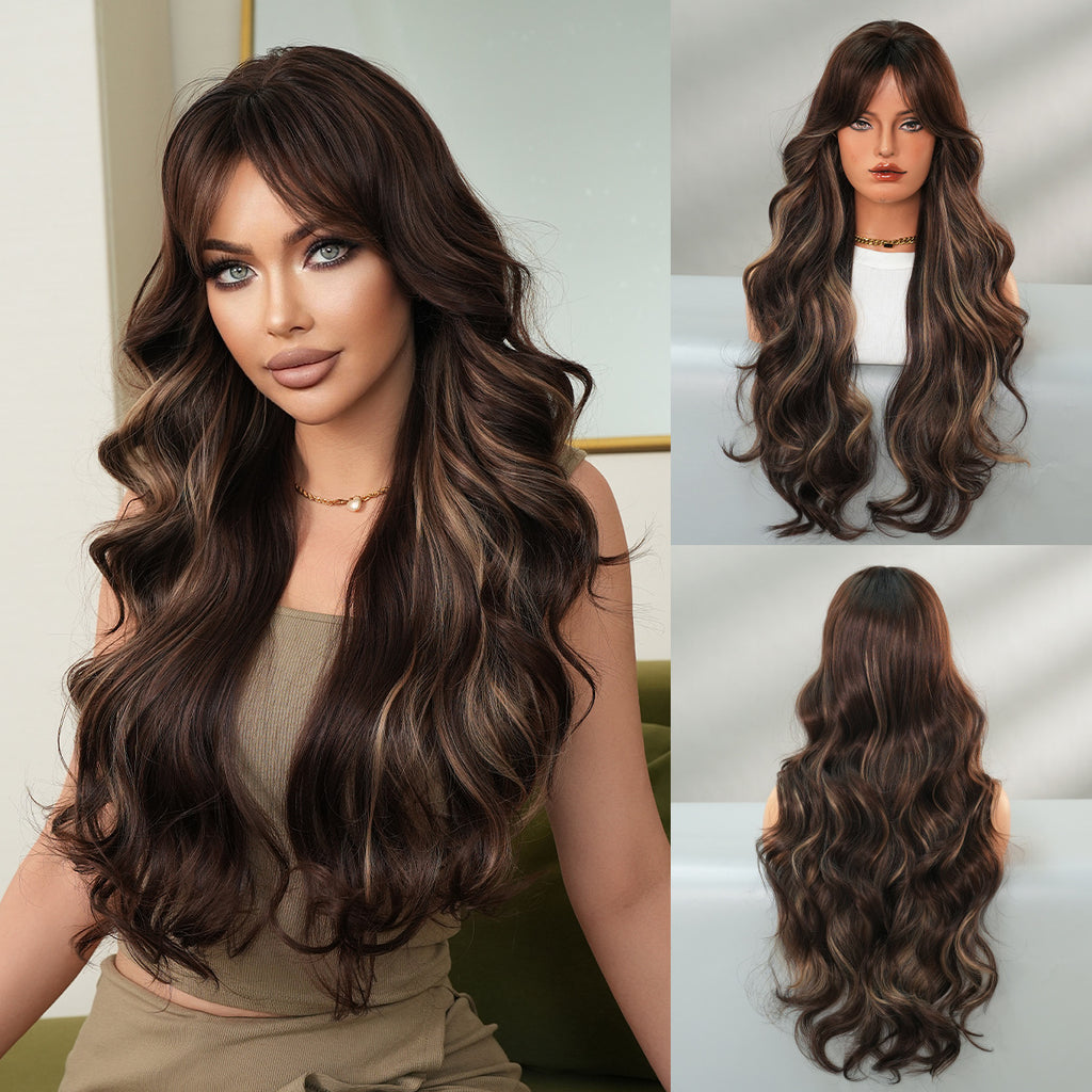 Dark Slate Gray Honey Gold Highlight Wig - Everyday Fashion (Long Wavy Curtain Bangs) (FEVERCOS)