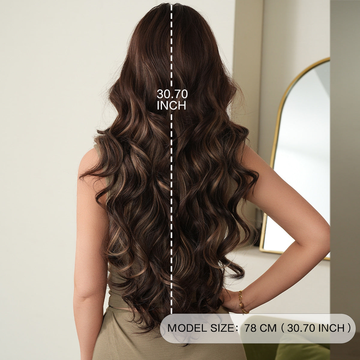 Black Honey Gold Highlight Wig - Everyday Fashion (Long Wavy Curtain Bangs) (FEVERCOS)
