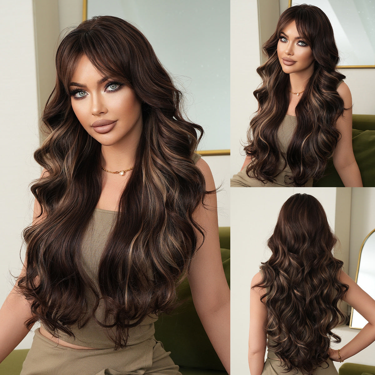 Dark Slate Gray Honey Gold Highlight Wig - Everyday Fashion (Long Wavy Curtain Bangs) (FEVERCOS)