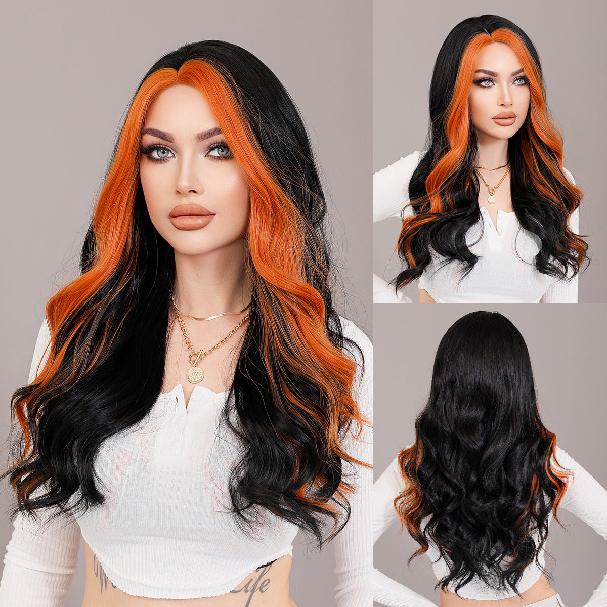 Dark Gray Orange Highlight Lace Wig - Elite Lace Fronts (Long Wavy Middle Part) (FEVERCOS)