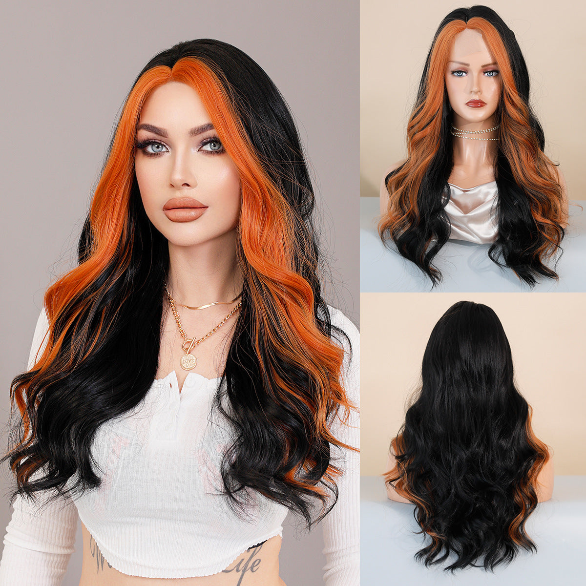 Dark Gray Orange Highlight Lace Wig - Elite Lace Fronts (Long Wavy Middle Part) (FEVERCOS)