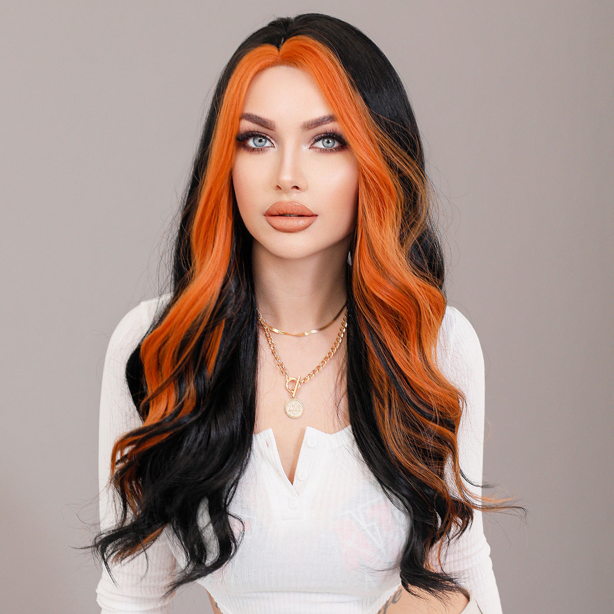Rosy Brown Orange Highlight Lace Wig - Elite Lace Fronts (Long Wavy Middle Part) (FEVERCOS)