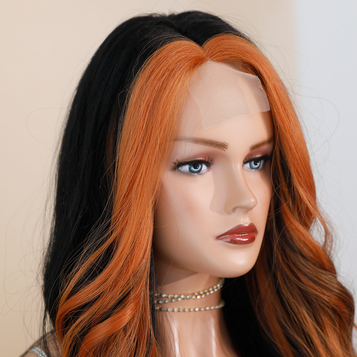 Light Gray Orange Highlight Lace Wig - Elite Lace Fronts (Long Wavy Middle Part) (FEVERCOS)